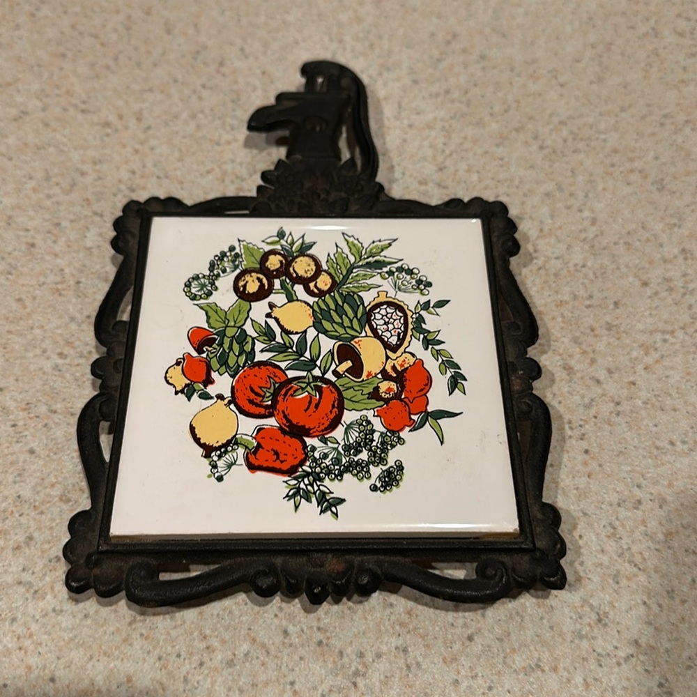 Vintage trivet tile with veggies and mushrooms